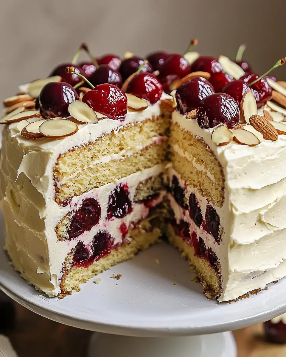 Almond Cherry Layer Cake with White Chocolate Ganache topped with fresh cherries and almonds on a white cake stand.