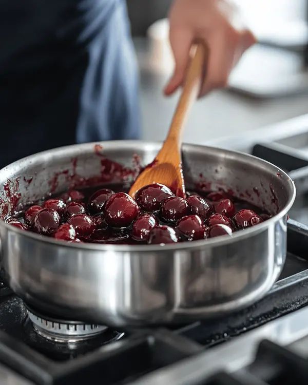Homemade cherry filling cooking in a saucepan with visible chunks of fruit and glossy texture.