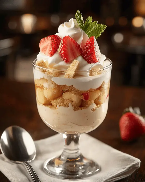 Close-up of a single serving glass of strawberry cheesecake banana pudding topped with whipped cream, fresh strawberries, and a mint sprig.