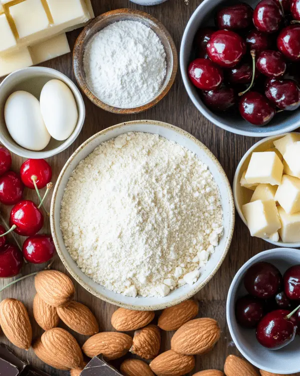Ingredients for Almond Cherry Cake including flour, sugar, cherries, white chocolate, almonds, eggs, and butter arranged on a marble countertop.
