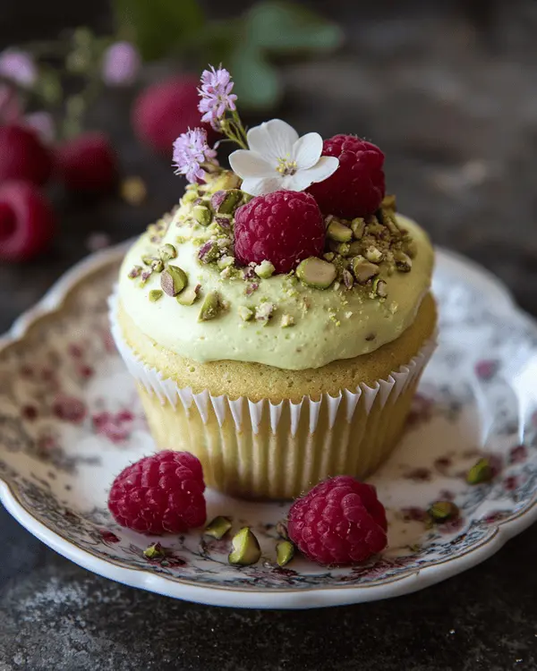 Pistachio Cupcakes with Raspberry Frosting 4 A pistachio cupcake with raspberry frosting, garnished with raspberries and crushed pistachios.