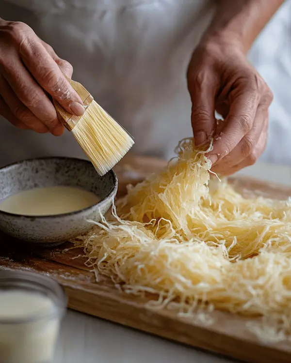 Viral Dubai Chocolate Pistachio Kataifi Cake 3 Hands separating golden kataifi pastry strands on a wooden board with melted butter and brush nearby.