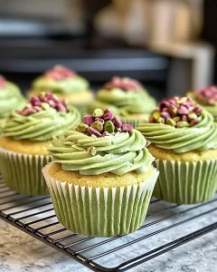 Freshly baked pistachio cupcakes cooling on a wire rack.