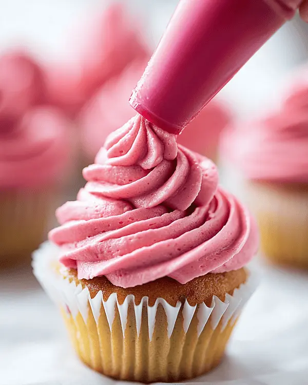 Pistachio Cupcakes with Raspberry Frosting 3 Raspberry frosting being piped onto a pistachio cupcake.
