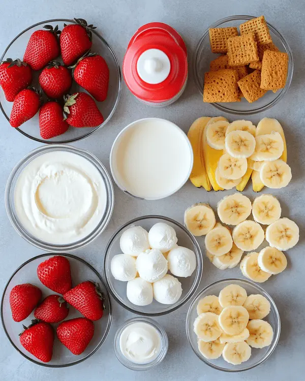All ingredients for strawberry cheesecake banana pudding neatly arranged on a kitchen counter, including milk, instant pudding mix, cream cheese, heavy cream, strawberries, bananas, vanilla wafers, sweetened condensed milk, vanilla extract, and whipped topping.