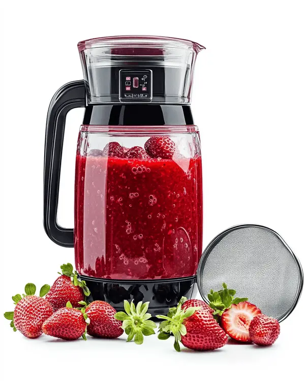 Fresh strawberries being blended into a vibrant red puree with whole strawberries and a fine-mesh sieve nearby.