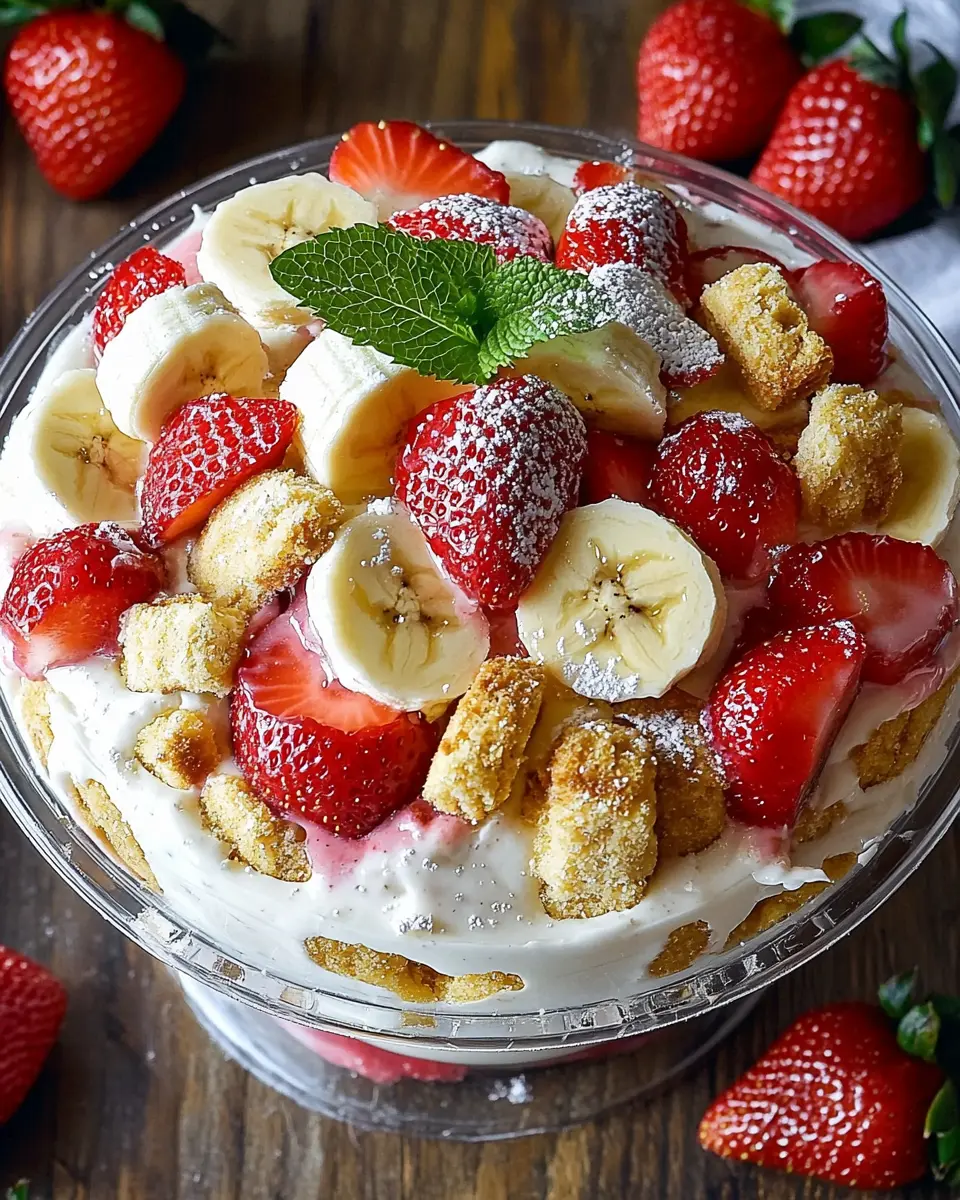 Overhead view of a trifle bowl filled with layered strawberry cheesecake banana pudding, garnished with fresh strawberries and mint on a rustic wooden table.
