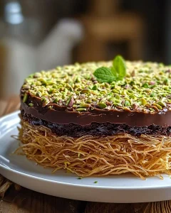 Slice of Viral Dubai Chocolate Pistachio Kataifi Cake showing layers of crispy kataifi, chocolate ganache, and chopped pistachios garnished with edible gold and fresh mint.
