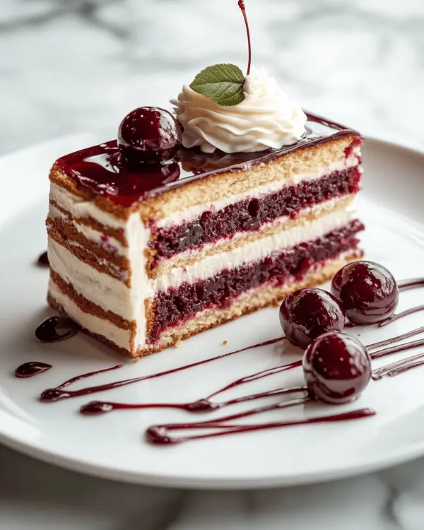 Slice of Almond Cherry Layer Cake with White Chocolate Ganache on a dessert plate, garnished with fresh cherries and almond slivers.