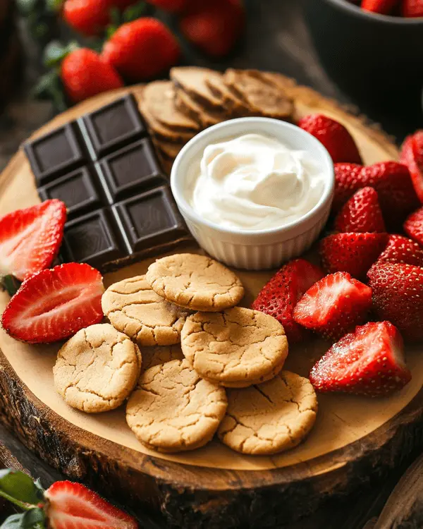 Easy Air Fryer Peanut Butter Cookies 4 Rustic dessert board with air fryer peanut butter cookies, strawberries, dark chocolate, and yogurt.