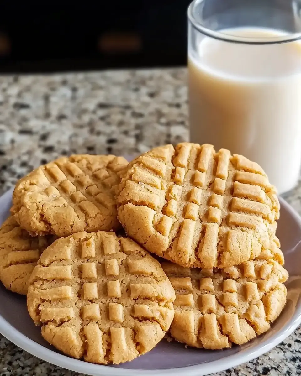 Easy Air Fryer Peanut Butter Cookies 1 Plate of freshly baked air fryer peanut butter cookies with a glass of vanilla almond milk in a cozy kitchen setting.