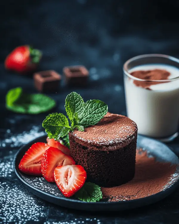 Easy Almond Flour Mug Cake 4 Plated almond flour mug cake with strawberries and a glass of almond milk beside it, garnished with mint.