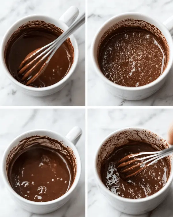 Easy Almond Flour Mug Cake 2 Four-image collage showing stages of almond flour mug cake prep: mixing dry ingredients, whisking, adding wet ingredients, and final baked cake.