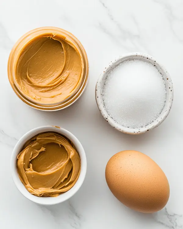 Easy Air Fryer Peanut Butter Cookies 2 Flat lay of peanut butter, sugar, and an egg on a white marble surface.