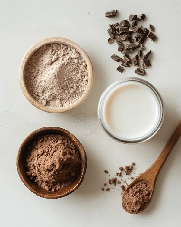 3 Ingredient Protein Powder Mug Cake 2 Flat lay of chocolate protein powder in a bowl, cocoa powder in a wooden spoon, and a glass of milk on a neutral countertop.