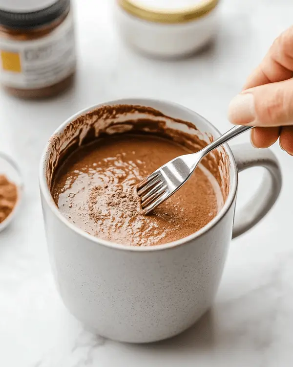 3 Ingredient Protein Powder Mug Cake 3 Hand stirring thick chocolate batter in a mug with a fork, surrounded by protein powder, cocoa powder, and a measuring cup of milk on a kitchen counter.