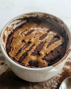 Close-up of a chocolate protein mug cake in a ceramic mug on a wooden table with steam rising, showcasing a rich and fudgy texture.
