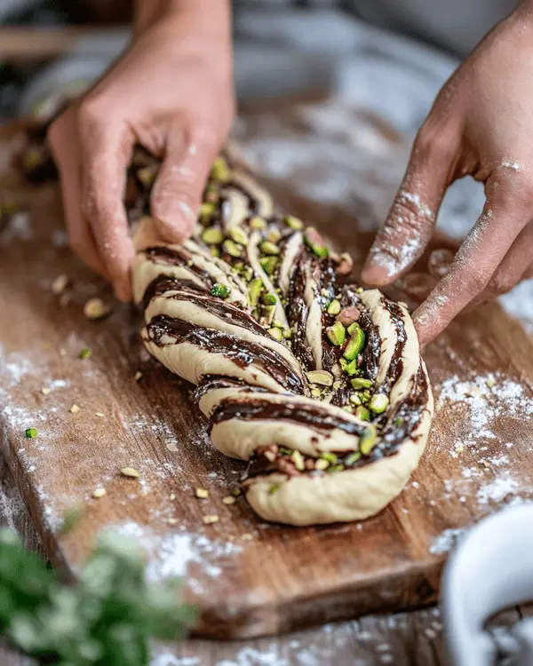 Pistachio Chocolate Babka Pull Apart 3 Hands braiding pistachio chocolate babka dough showing chocolate filling and pistachio layers being twisted together on floured wooden surface