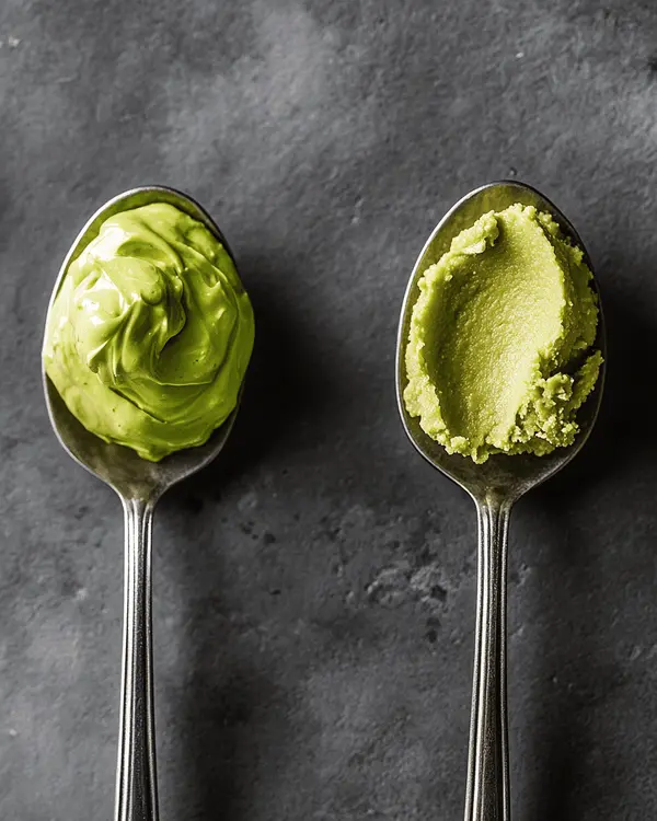 Pistachio cream vs pistachio butter 2 Comparison of pistachio cream and pistachio butter textures shown on spoons.