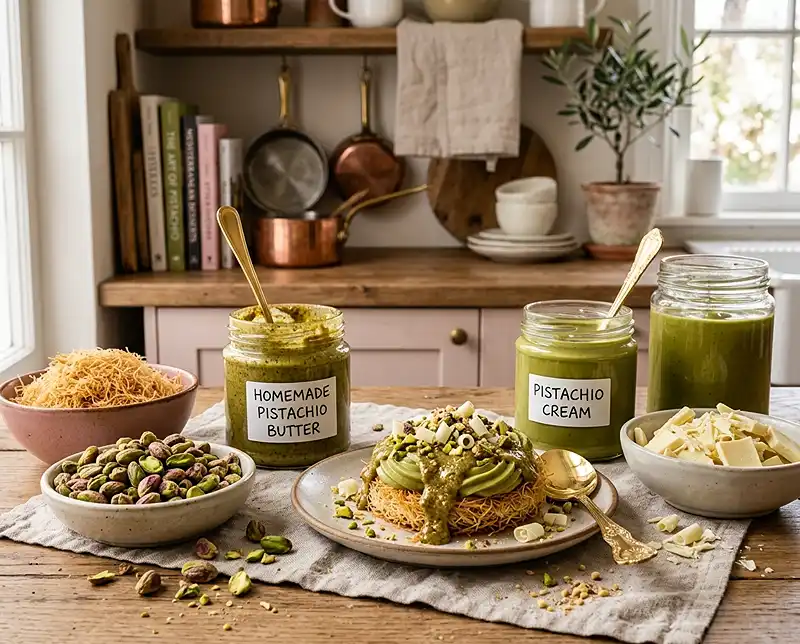 Homemade and store-bought pistachio butter and pistachio cream jars