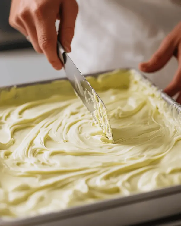 Pistachio Gooey Butter Cake 3 Hands swirling pistachio cream into cream cheese filling over a cake base in a pan.
