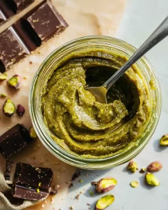 Jar of homemade pistachio butter for dubai chocolate with spoon, chocolate pieces, and pistachios on table
