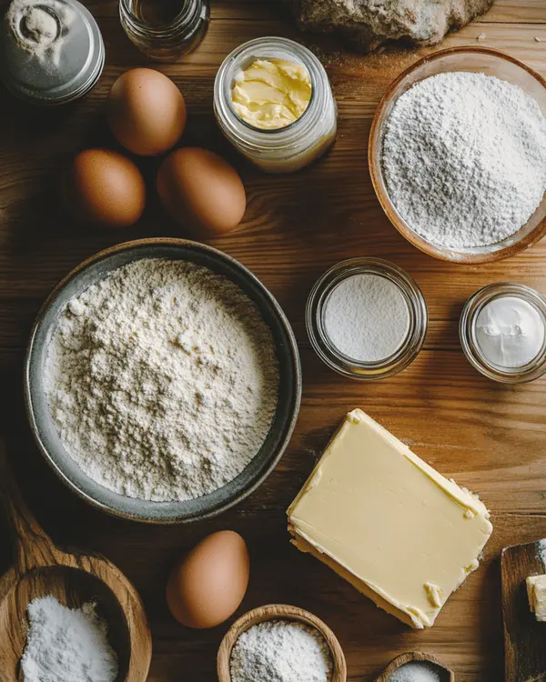 Pistachio Gooey Butter Cake 2 Overhead view of key ingredients for pistachio gooey butter cake arranged neatly on a rustic wooden table.