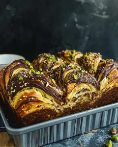 Golden brown pistachio chocolate babka pull apart in loaf pan showing glossy top and visible chocolate pistachio swirls with dramatic lighting