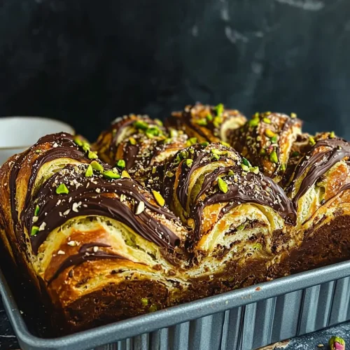 Pistachio Chocolate Babka Pull Apart 5 Golden brown pistachio chocolate babka pull apart in loaf pan showing glossy top and visible chocolate pistachio swirls with dramatic lighting