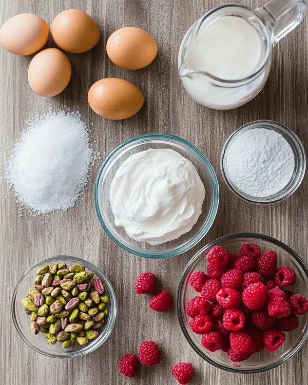 Pistachio Raspberry Dacquoise 2 Key ingredients for pistachio raspberry dacquoise including pistachios, sugars, egg whites, raspberries, and cream