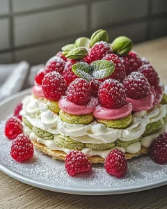 Pistachio raspberry dacquoise dessert on white plate garnished with fresh raspberries and pistachios