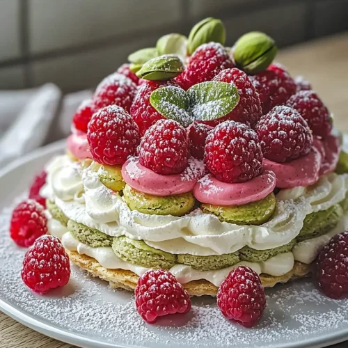 Pistachio raspberry dacquoise dessert on white plate garnished with fresh raspberries and pistachios