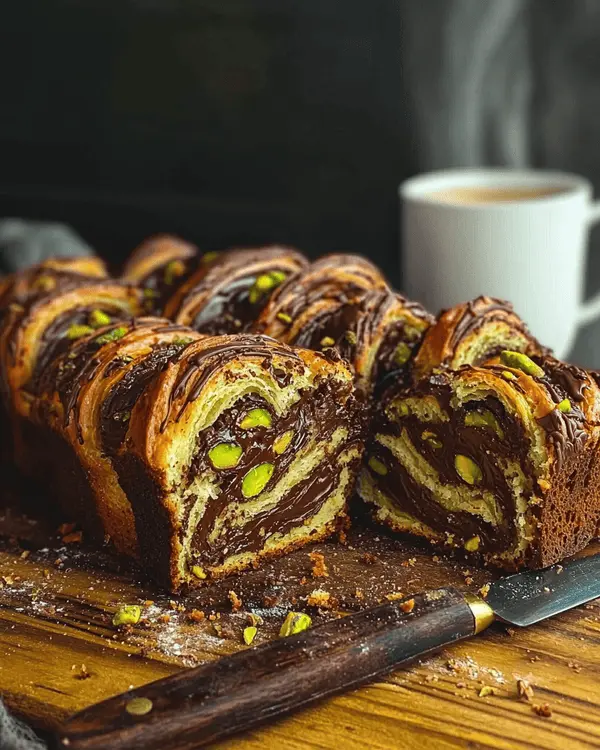 Pistachio Chocolate Babka Pull Apart 4 Freshly sliced pistachio chocolate babka pull apart bread showing chocolate swirls and pistachio pieces, served on wooden board with coffee cup