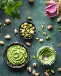 Overhead view of fresh pistachios, pistachio cream, pistachio butter, and a pistachio dessert on a rustic wooden table.