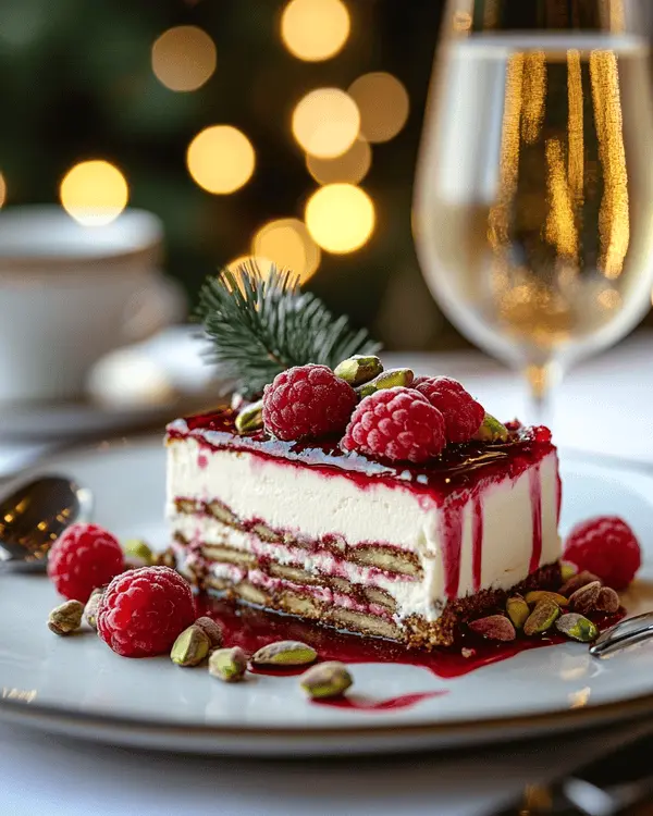 Pistachio Raspberry Dacquoise 4 Slice of pistachio raspberry dacquoise served with raspberry coulis and fresh raspberries on dessert plate