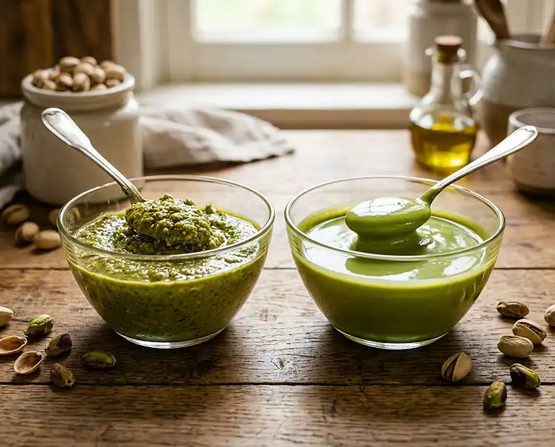 Side-by-side comparison of pistachio butter and pistachio cream textures