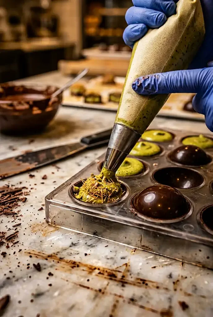 Spreading smooth pistachio filling into Dubai chocolate molds