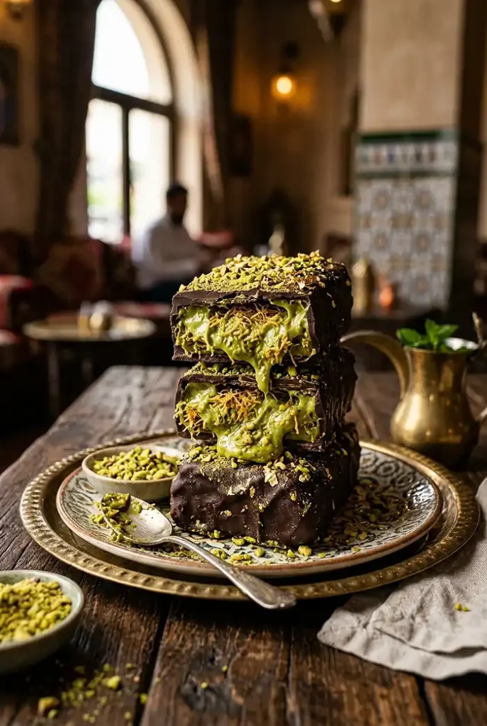 Stacked Dubai chocolate bars with pistachio filling and kataifi pastry