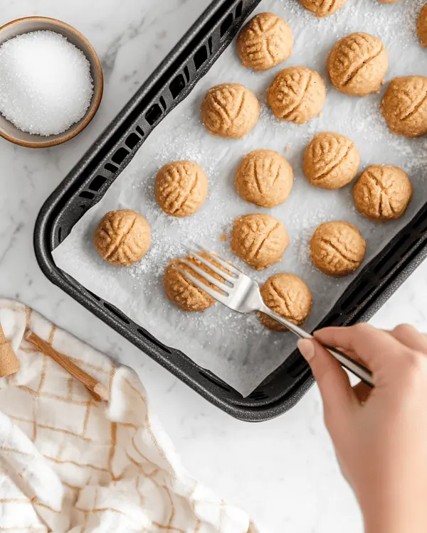 Peanut Butter Cookies in Air Fryer 3 Hands creating fork marks on peanut butter cookie dough balls in an air fryer basket