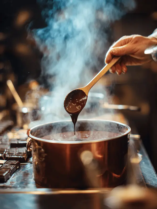 Pistachio Cream or Butter for Dubai Chocolate 3 Hands tempering dark chocolate in double boiler with candy thermometer showing proper temperature for Dubai chocolate making