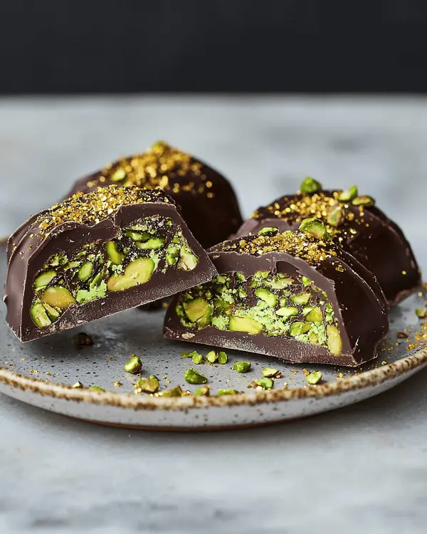 Can I Use Pistachio Butter for Dubai Chocolate? 4 Dubai chocolate pieces cut open to show pistachio butter center, gold and pistachio garnish