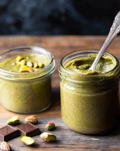 best pistachio butter for dubai chocolate Beautiful jar of homemade pistachio butter with fresh pistachios and Dubai chocolate pieces on rustic wooden background