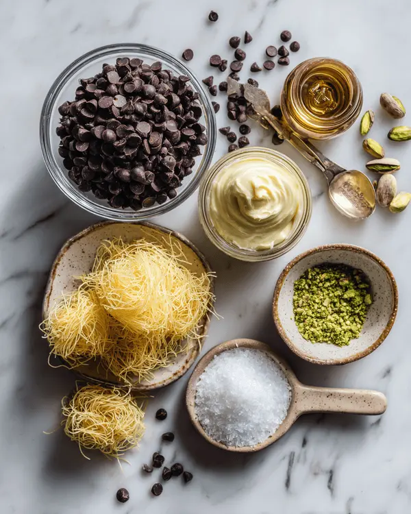 Dubai Chocolate Recipe with Pistachio Butter 2 Dubai chocolate recipe ingredients including dark chocolate chips, pistachio butter, kataifi pastry, coconut oil and tahini arranged on marble surface