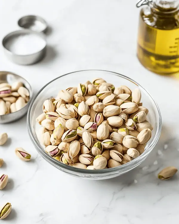 Pistachio Nut Butter: Ultimate Homemade Recipe 2 Fresh roasted pistachios, kosher salt, and vegetable oil arranged on marble countertop for homemade pistachio nut butter recipe