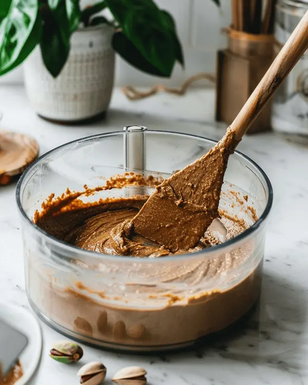Ultimate Pistachio Peanut Butter 3 Food processor bowl showing creamy pistachio peanut butter mixture during blending process with wooden spatula