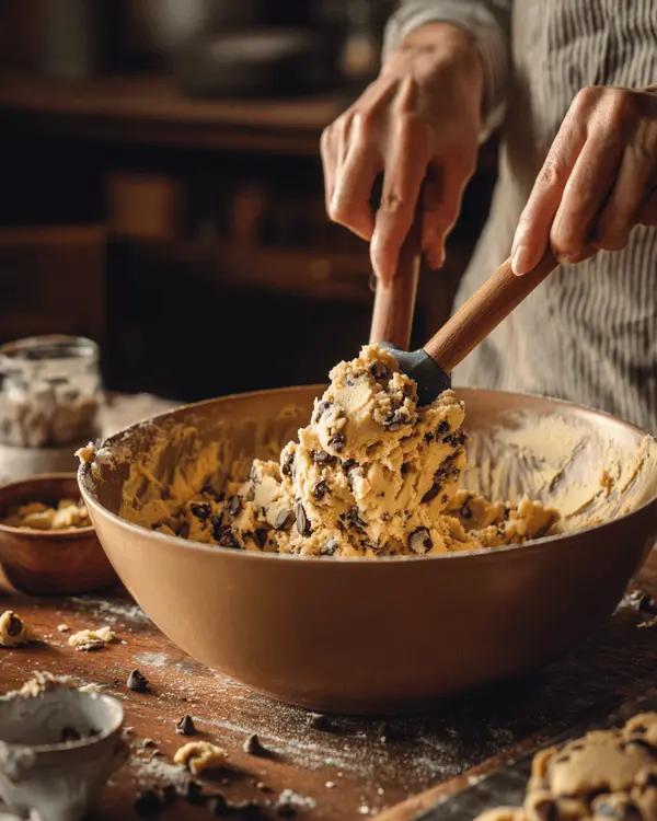 Brown Butter Pistachio Cream Chocolate Chip Cookies, So Easy 3 Baker folding pistachio chocolate chip cookie dough with a spatula in a home kitchen.