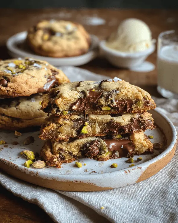 Brown Butter Pistachio Cream Chocolate Chip Cookies, So Easy 4 A plate of brown butter pistachio cream chocolate chip cookies served with milk and ice cream.
