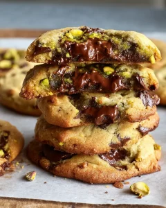 Stack of gooey brown butter pistachio cream chocolate chip cookies with a broken cookie revealing melty center.