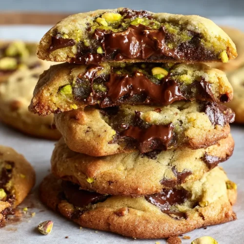 Stack of gooey brown butter pistachio cream chocolate chip cookies with a broken cookie revealing melty center.