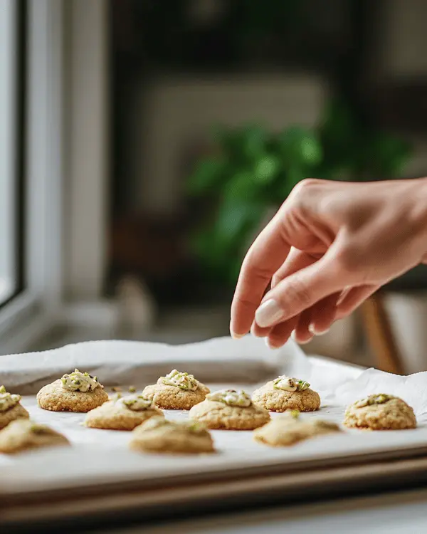 Pistachio Butter Cookies: Ultimate Recipe 3 Hands stuffing pistachio cookie dough with frozen pistachio cream filling over a parchment-lined tray.